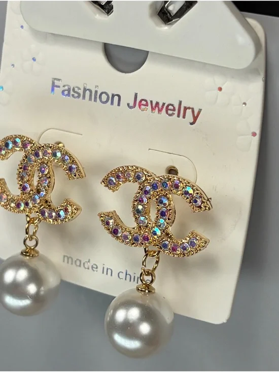 Iridescent Gold-Tone Crystal Earrings with White Pearl Drops - Picture 3 of 4